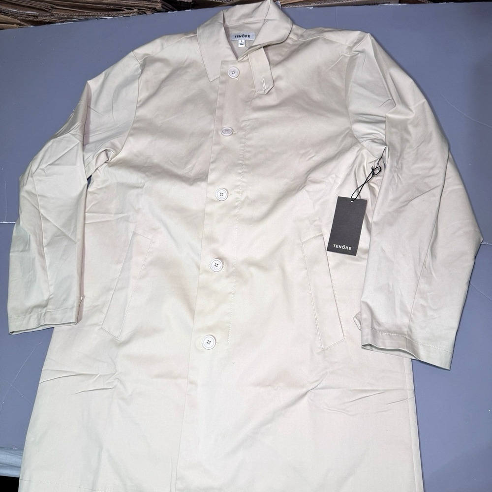 Tenore Car Coat Mens L Large Khaki Beige Cotton Blend Twill Button Long NEW